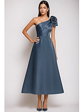 abordables Vestidos de Cocktail-A-Line Tea Length Cocktail Dresses Elegant Silky Semi Formal Sleeveless One Shoulder Garden Party Wedding Satin with Shouder Flower