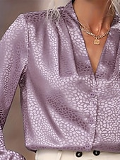 cheap Dressy Blouses-Women's Shirt Elegant Satin Top Summer Tops Ruched Patchwork Print Leopard Plain Elegant Vintage Ladies Long Sleeve V Neck Regular Tops Daily Work Holiday Light Purple Summer Spring