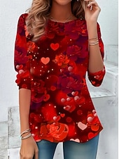 cheap Valentine's Day Tops-Valentine's Day Women's T Shirt Print Heart Graphic Fashion Stylish Classic Long Sleeve Crew Neck Regular Tops Daily Weekend Red Summer Spring Fall