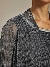 preiswerte Schicke Blusen-Damen Schultertücher Plissiert Metallisch Einfarbig Elegant Dreiviertelarm Rundhalsausschnitt Hochzeitsgast Semi-Formal Abendkleidung Silber Sommer Frühling Herbst
