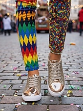 お買い得  女性の靴-ウィメンズ・マルディグラ・ゴールドグリッターのスパークリースニーカー、メタリックトーキャップ付き – カーニバル、ニューイヤーズイブ  カジュアルグラム用のブリングレースアップフラットシューズ