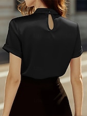 preiswerte Schicke Blusen-Damen Hemd Elegant Satin-Top Bluse Gerafft Patchwork Drapiert Einfarbig Einfach Elegant Vintage Täglich Kurzarm Hoher Ausschnitt Normale Oberteile Täglich Arbeit Ferien Schwarz Rote Grün Beige