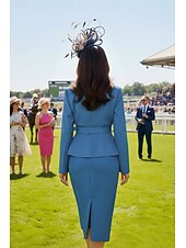 voordelige Jurkensets voor mama-Tweedelig Strak kolom Jurken Over de knie Derby-jurk Moeder van de bruid jurk Lange mouw Overhemdkraag Elegant Kentucky Derby Stretch crêpe met Sjerp / Lint Strik(ken)