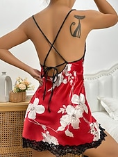 Недорогие Женские пижамы-Жен. Ночная рубашка Секси На каждый день Леопард Шелковая атласная пижама Кружева Открытая спина Повседневные Дом Кровать Без рукавов ремни Лотос розовый Черный Цвет шампанского Красный Лиловый Лето