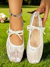 abordables Invitado a la boda-Elegantes bailarinas de encaje con punta cuadrada y lazo para mujer: perfectas para invitadas a bodas al aire libre y en el jardín, diseño cómodo y apto para césped.