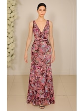 economico Abiti Lunghi &amp; Gowns-Linea ad A Sirena Tromba Lunghezza al pavimento Perline ricamate Abito Formale Abito da madre della sposa Abiti da Ballo Elegante Scintillante Floreale Senza Maniche Scollo a V Balli di fine anno