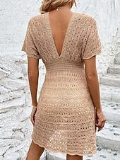 Χαμηλού Κόστους Φορέματα παραλίας-Γυναικείο κάλυμμα μαγιό φόρεμα Cut Out διακοπών παρα beachwear μονόχρωμο V λαιμό κοντά μανίκια