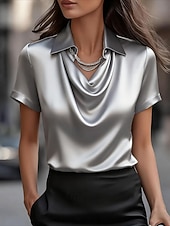  Dames Overhemd Elegant satijnen top Blouse Effen Elegant Stijlvol Korte mouw Overhemdkraag Normale tops Dagelijks Feestdagen Uitgaan Wit Champagne Wijn Grijs Zomer Lente