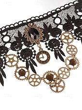 お買い得  アクセサリー-ウィメンズ マルディグラ ブラック レース スチームパンク チョーカーネックレスとブレスレットセット - ゴシックコスプレ、カーニバル、ハロウィンコスチューム用の合金ギアと時計ペンダント