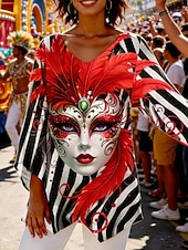 ieftine Îmbrăcăminte pentru femei Mardi Gras-Bluză pentru femei Carnaval Grafic Stripe Abstract Vintage Stylish Casual cu Mâneci 3/4 Gât în formă de V Bluză Regulată U street Dailywear Print Galben Roșu Mov Portocaliu Verde Primăvara Toamna