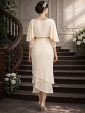 voordelige Enkel Lengte-Strak kolom Over de knie Feestjurk Cocktail jurk Bruiloft gast jurk Moeder van de bruid jurk 3/4 mouw Ronde hals Elegant Petite Bruiloft gast Cocktailparty Bruiloft Chiffon met Kant Lagen Appliqués