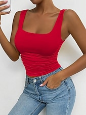 baratos Plain Tank-Women's Camisole Tank Top Solid Color Stylish Casual Sleeveless Square Neck Regular Tops Daily White Yellow Wine Red Royal Blue Summer