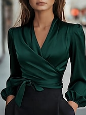 ieftine Bluze elegante-Pentru femei Cămașă Elegant Top din satin Bluză Cu Șiret Simplu Elegant Stilat Manșon Lung În V Topuri obișnuite Zilnic Muncă Concediu Negru Roșu Vin Trifoi Caisă Vară Primăvară Toamnă