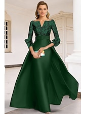 halpa A-linjaiset iltapuvut-A-linja Kokopitkä Iltapuku Tyylikäs Kukka-aihe Morsiamen äiti 3/4 hiha V kaula-aukko Puutarhajuhlat Häät Satiini Pitsi kanssa Laskokset