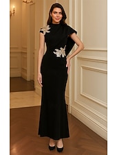 baratos Vestidos de Festa Sereia-Sereia Tubinho Longo Vestidos de noite Elegante Brilhante Estilo Celebridade Sem Manga Pescoço Festa de Jardim Casamento Crepe Esticado com Apliques