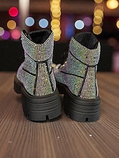 economico Stivali alla caviglia-stivaletti allacciati con glitter da donna - stivali da combattimento con plateau e strass scintillanti, stile trendy per la vita notturna, per feste e club &amp;abiti da sera