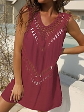 cheap Beach Dresses-Women's Swimwear Cover Up Swim Dress Dress Swimsuit Cut Out Vacation Beach Wear Solid Color V Neck Sleeveless Bathing Suits