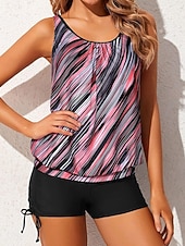 billiga Tankinis-Kvinnors Tankini 3-delad baddräkt Shorts Magekontroll Hög midja Slim Backless Semester Strandkläder Grafik Geometrisk U-hals Ärmlös Badkläder