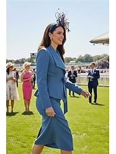 voordelige Jurkensets voor mama-Tweedelig Strak kolom Jurken Over de knie Derby-jurk Moeder van de bruid jurk Lange mouw Overhemdkraag Elegant Kentucky Derby Stretch crêpe met Sjerp / Lint Strik(ken)