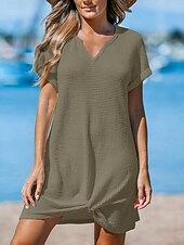cheap Beach Dresses-Women's Swimwear Cover Up Swim Dress Swimsuit Knitted Vacation Beach Wear Solid Color V Neck Short Sleeves Bathing Suits