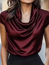 olcso Ünnepi blúzok-Női Ing elegáns Szatén felső Nyári felsők Fodrozott Kollázs Ráncolt Tömör szín Sima Elegáns Szüret Napi Rövid ujjú Aszimmetrikus Normál felsők Napi Munka Szabadság Fekete Fehér Bor Barna Nyár Tavasz