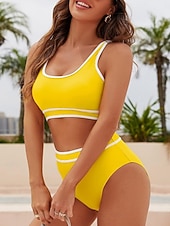 preiswerte Bikini-Sets-Damen Bikini 2-teilig Badeanzug Farbblock Hohe Taille Schlank Rückenfrei Urlaub Strandbekleidung Streifen V-Ausschnitt Ärmellose Badeanzüge