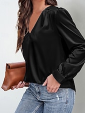 cheap Dressy Blouses-Women's Shirt Elegant Satin Top Blouse Ruched Plain Vintage Stylish Long Sleeve V Neck Regular Tops Holiday Going out Black White Wine Apricot Summer Spring
