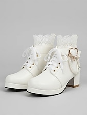 cheap Bride-Women's White Bridal Ankle Boots – Lace-Up Wedding Shoes with Heart and Pearl Decoration, Chunky Heel for Vintage-Inspired Brides