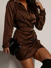 abordables mini robe noire-Femmes Mini Robe Robe en Satin Robe Chemise Robe froncée Moderne Quotidien Sortir Week-end Coupe régulière Uni manche longue Col de chemise Noir Vert foncé Marron Rose rouge Printemps Automne