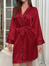 preiswerte Bademäntel für Damen-Damen Freizeitkleidung Robe Lässig Weich Satin Patchwork Schnürung Täglich Heim Bett Langarm V Ausschnitt Schwarz Champagner Rosa Rote Sommer Normale Passform