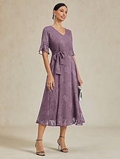 preiswerte Chiffonkleider-Damen Midikleid Chiffonkleid Elegant Flattrige Ärmel Urlaub Hochzeitsgast Date Tasche Illusionsspitze Normale Passform Blumen Halbarm V Ausschnitt Violett