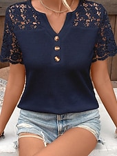 abordables Tops de Encaje-Mujer Blusa Tops de encaje Encaje Retazos Botones Plano Casual Manga Corta Escote en Pico Tops regulares Diario Festivos Noche Azul Marino Verano Primavera