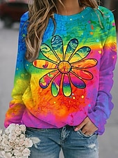 billiga Konst &amp; Design Toppar-Dam Pullover-tröja Mönster Grafisk Abstrakt Ledigt Långärmad Rund hals Vanliga toppar Ledigt Gata Helgdag Grön Regnbåge Vår Vinter