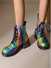 billige Damesko-Kvinnelige Mardi Gras regnbue snøres korte støvler - livlige festlige fottøy fargerik festivalstil komfortable blokkhæl støvler kostymer og feiringer