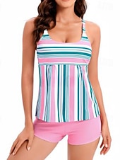 economico Surfing Tankinis &amp; Bikinis-Per donna Costume da bagno Tankini Costume da bagno a due pezzi A righe Controllo della Pancia Elastico Senza Maniche Costume da Bagno Surf Spiaggia Vacanze Estate