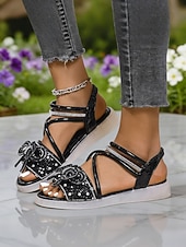 voordelige Vrouwen-Zwarte platte sandalen met enkelbandje en strasssteentjes voor dames - sprankelende, met juwelen versierde sandalen met open neus, stijlvolle en comfortabele sandalen voor elke dag.