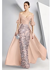 baratos Vestidos de baile-Linha A Tubinho Longo Bordado com miçangas Vestido formal Vestido para a mãe da noiva Vestidos de noite Vestido de baile com sobressaia Vestido formal Elegante Brilhante Manga 3/4 Ombro a Ombro