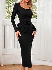 cheap Women-Women's long sleeve square neck waist pleat one side slit ribbed long dress