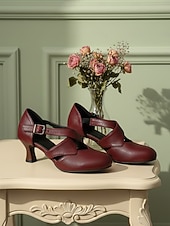 billige 1950-talls retro-Damesko i burgunderfarget skinn fra 1950-tallet – elegante Mary Jane-hæler med justerbar spenne for formelle arrangementer, fester og hverdagsbruk
