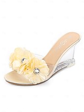 cheap Bridesmaid-Women's Floral Clear Heel Slide Sandals, Transparent Low Heel Mules for Bridesmaids, Elegant Garden Wedding &amp; Outdoor Ceremony Shoes