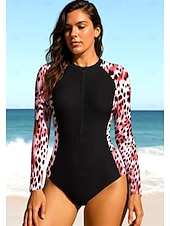 baratos Rash Guards de Uma Peça-Mulheres Segunda-pele para Mergulho Roupa de banho Conjunto de maiô Leopardo Zip Up UPF50+ Secagem Rápida Leve Manga Longa Camisa de Natação Surfe Praia Esportes Aquáticos Verão