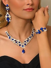 preiswerte Hochzeit ACC-Rotes Kristall-Halsketten-, Ohrring- und Armband-Set für Damen, goldfarbener Strass-Statement-Schmuck, eleganter Glamour-Stil für Partys &amp;Abendveranstaltungen