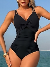 preiswerte Einteilige Badeanzüge-Damen Einteiler Badeanzug Raffungen Farbblock Monokini Bauchkontrolle Hohe Taille Schlank Rückenfrei Urlaub Strandbekleidung Einfarbig V-Ausschnitt Ärmellose Bademode