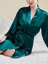 abordables Combinaisons pour femmes-Femmes Robe Occasionnel Doux Satin Couleur Unie Quotidien Maison Lit manche longue Col en V Noir Blanche Vert Claire Rose Claire bleu marine Été Printemps Coupe régulière