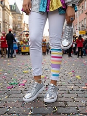 お買い得  女性の靴-ウィメンズ・マルディグラ・ゴールドグリッターのスパークリースニーカー、メタリックトーキャップ付き – カーニバル、ニューイヤーズイブ  カジュアルグラム用のブリングレースアップフラットシューズ