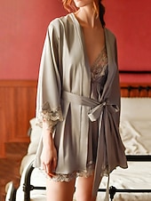 abordables Combinaisons pour femmes-Femmes Robe Chemise de Nuit Ensemble Pyjama Occasionnel Doux Satin Couleur Unie Dentelle Robes Quotidien Maison Lit manche longue Bretelles Noir Blanche Rose Claire Vin Marron Été Coupe régulière