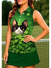  St. Patrick Women's Cat Plants Clover Workout Tank Top Shirt Sport Shirt Golf Polo Shirt Sleeveless Sporty UPF50+ UV Resistant Trainer Dancing Breathable Tennis Badminton Pickleball Fold-over Collar