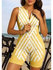 Χαμηλού Κόστους Γυναικεία σετ ρούχων-Γυναικεία Ολόσωμη στολή για τρίαθλο Ποδηλατικό Σετ Τζέρσεϊ Αμάνικο Καλοκαίρι Μαύρο Κίτρινο Ρουμπίνι Γεωμετρικό Ριγέ Ποδήλατο 3D Pad