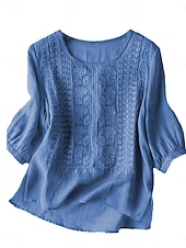 baratos Blusas Simples-Mulheres Blusa Linho de algodão sintético Bordado Floral à moda Casual Manga 3/4 Gola Redonda Tops regulares Diário Azul Preto Rosa Verde Verão Primavera