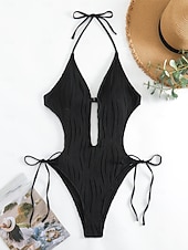 זול בגדי ים חלק אחד-בגד ים נשים חלק אחד חתכים סקסיים עם חוטי תיל מונוקיני דחיסת בטן מותן גבוהה דק ללא גב חופשת חוף צבעים מוצקים צוואר כפתף בלי שרוולים